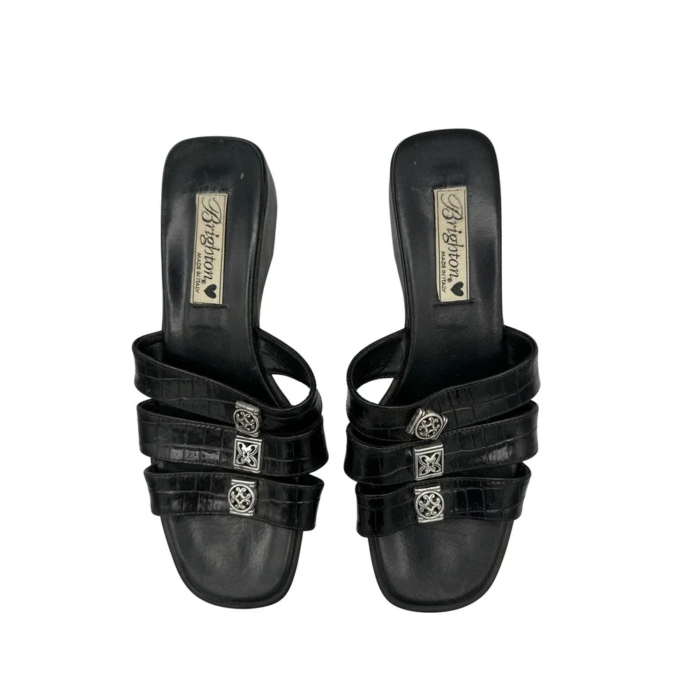 Brighton Sandals Size 8.5M Black Leather Crocodile Embossed Silver Accents Italy